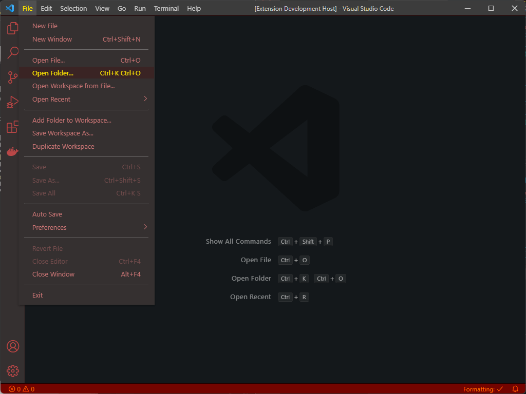 File Menu in new Extension Development Host window