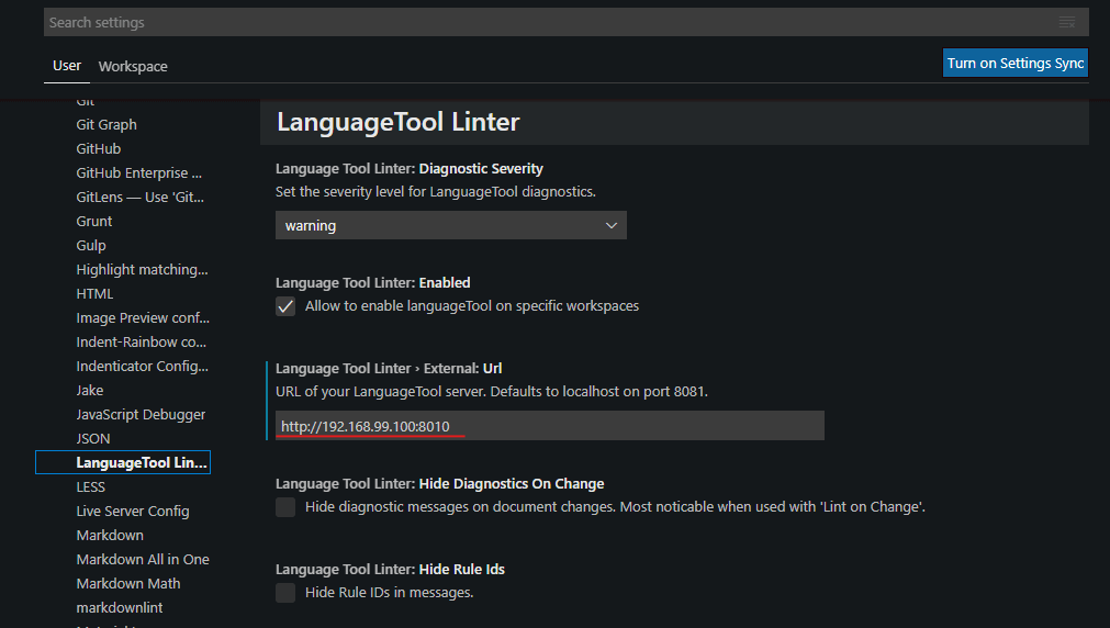 LanguageTool Linter Settings